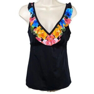 Kim Rogers Ruffle Tankini Swimwear Swim Top Women Size S Black Floral Padded